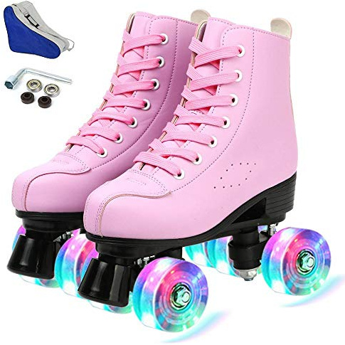 YYW Roller Skates for Women Men Girls Boys, High Top PU Leather Classic Double-Row Roller Skates, Indoor Outdoor Roller Skates for Beginner (Pink Flash, 36-US Women 6/ Youth 5)