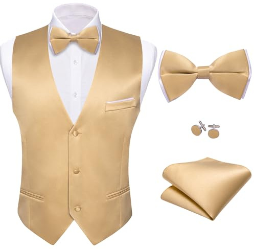 Barry.Wang Mens Gold Formal Suit Vest V-neck Slim Fit Casual Waistcoat Bowtie Set for Wedding