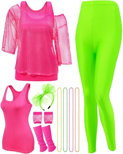 Jadive 12 Stück 80er Jahre Kostüm Outfits Zubehör für Damen Party Fischnetz Shirt Leggings Weste Haarband Halskette Handschuhe Beinwärmer