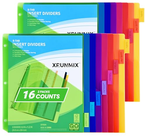 8-Tab Binder Dividers - Index Pockets Divider for 3 Ring Binders, 3-Hole Plastics Sheets Protectors for US Letter Size in 0.5'', 1'', 2'', 3 inch Binders, 8 Colors (XY004) (2 Packs)