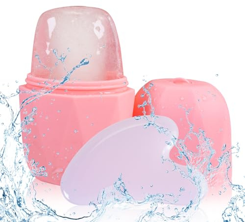 Joyeee Ice Face Roller and Gua Sha Set, Reusable Silicone Mold, Gua Sha Stone Massager Tools for Shrink Pores Anti Wrinkle Reduce Puffiness Improve Skin Elasticity, Pink