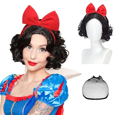 3Pcs Perücke Mädchen Schwarz mit Schleifenstirnband, Lockig Damen Gewellt Perücke Kurz Damen Perücke-Kappe mit Black Wig Kurz Cosplay Perücke für Karneval Halloween Fasching Kostüme Party