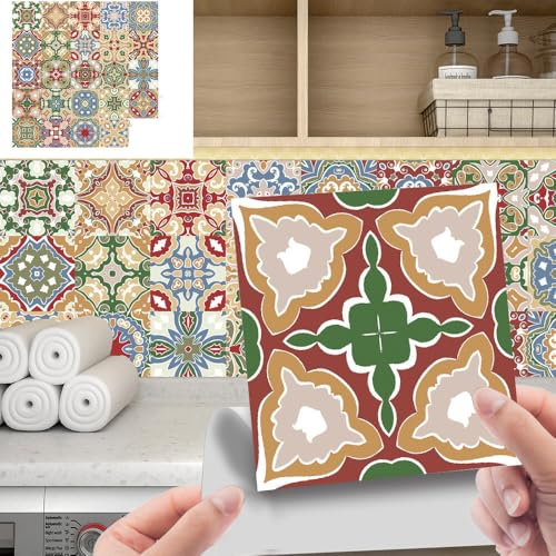 Fliesenaufkleber Grüner Roter Druck Selbstklebende Klebefliesen, Wandfliesen Aufkleber,Wasserdicht Fliesensticker Fur Kuche Badezimmer Dekorative Stickerfliesen,Wohnzimmer Dekoration10X10Cm