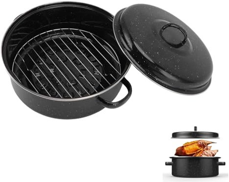 Roasting Pan with Lid, 9.4/10.2 in Enamel Roasting Pan with Lid Round r with Stainless Steel Grill Rack for Turkey Chicken (Iron Cover 26cm)
