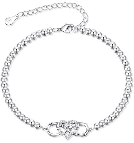 BMMYE Silver Bracelet for Women,925 Infinity Bracelet with Cubic Zirconia Hypoallergenic Adjustable Heart Sterling Silver Plated Bracelets,Sterling Silvery Beaded Bracelets for Women