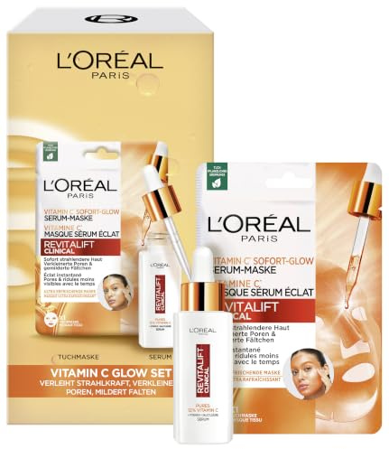 L'Oréal Paris RevitaLift Clinical Vitamin C Glow Set: Serum & Maske mit purem 12% Vitamin C für strahlende Haut und verfeinerte Poren