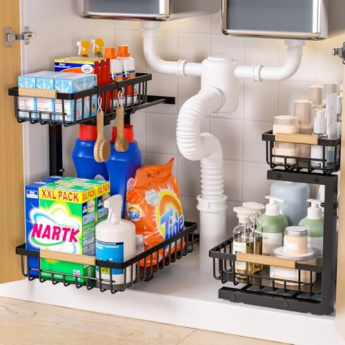 Accwork Lot de 2 Organisateurs Sous Évier Coulissants, Étagère de Rangement 2 Niveaux en L, Hauteur Réglable 35,5-43,5 cm, Paniers en Acier, pour Placard Cuisine, Salle de Bain, Buanderie