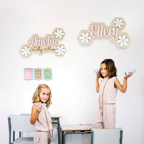 Personalised Layered Wooden Name Sign for Girls Bedroom - Hand Painted Floral Nursery Door Plaque - Custom Kids Room Wall Art - Playroom Decor