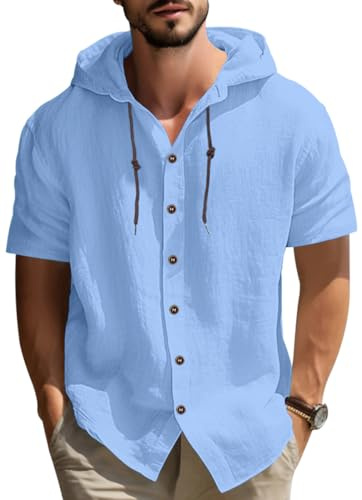 MEDUOLA Herren Kurze Ärmel dünn mit Taste T-Shirt Leinen Shirts mit Kapuze Knopfleiste