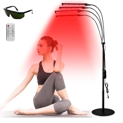 Funthy Rotlichtlampe mit Ständer, 630NM & 660NM & 850NM & 940 NM Rotlicht Infrarotlampe mit Timer, 192LEDs Rotlicht 4 Köpfe Rotlicht Infrarotlampe