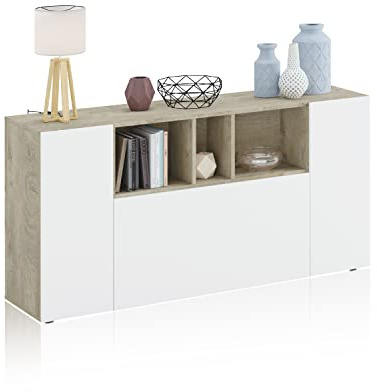 duehome | Aparador 3 Puertas para Salón, Armario Auxiliar, Modelo Coup, Acabado en Roble Alaska y Blanco Artik, Medidas: 150 cm (Ancho) x 76 cm (Alto) x 41 cm (Fondo)