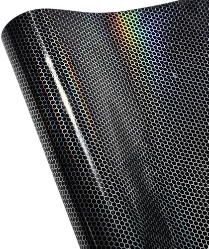 Blueshyhall Autofolie Waben Muster Schwarz Glanz mit Regenbogen Effekt, Car Warpping Folie Holographisch Hexagon Motiv Hoch Glänzend, Tuning Folie Innen Außen für Auto Motorrad Fahrrad (50 x 152 cm)