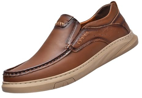 Mocasines para hombre, planos, mocasines, de piel, monocolor, sin cordones, zapatillas de fitness, ligeras, cómodas, de piel sintética, para caminar, suaves, informales, marrón, 45 EU