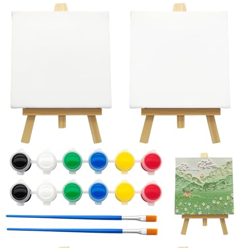 KELAV Mini Staffelei mit Leinwand Set,2 Set Leinwand zum Bemalen Keilrahmen Canvas 10 X 10 cm Massivholz Staffeleien Klein,Faltbarer Dreieckiger Ständer, Acrylfarben handbemalte DIY Kreationstafe