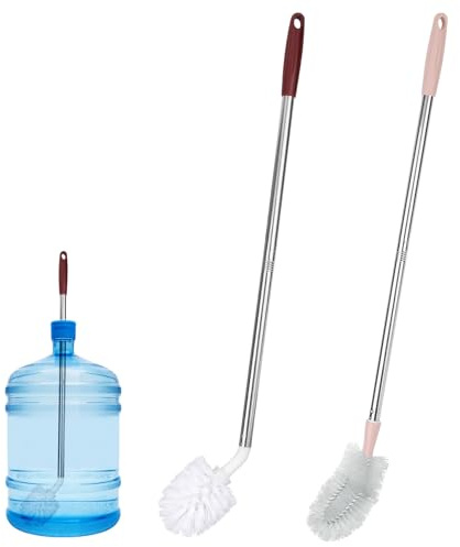 Tinoaly 2 Stück Wasser Flaschenbürsten mit Langem Griff, 1 Rote Runde und 1 Rosa Flache Extra Lange Eimerbürste zum Reinigen von Wasserflaschen Gallonenkrügen und Schwer Erreichbaren Behältern