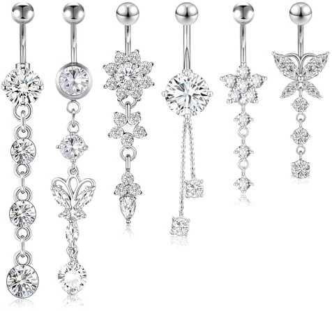 CharmBurst 5 Stück Hängendes Bauchnabelpiercing, Chirurgenstahl Bauchnabelpiercing Silber, Belly Button Ring mit Zirkonia, Wasserfestes Lang Belly Piercing Set