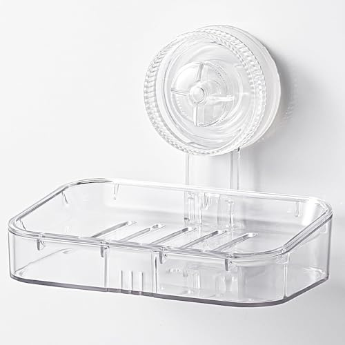 Porte-savon transparent à ventouse pour douche avec ventouse puissante et adhésif réutilisable sans perçage, auto-drainant, amovible, étanche, pour douche, salle de bain, baignoire, cuisine