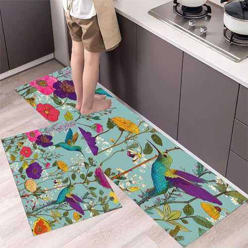 MLSOWM Küchenläufer Landgarten – Küchenteppich mit Bienenwildblumen Teppichläufer rutschfest Pflegeleicht Teppich Läufer für Küche, Flur, Eingangsbereich, Esszimmer 43x75cm+43x120cm Türkis