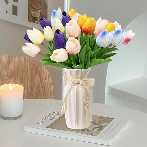Druuzyl Tulipanes Artificiales 24 Piezas Flores Decorativas Tulipanes Artificiales Multicolor de Látex de Tacto Real Flores Falsas de Tulipán por Boda Fiesta Habitación Arreglo Bricolaje Decoración