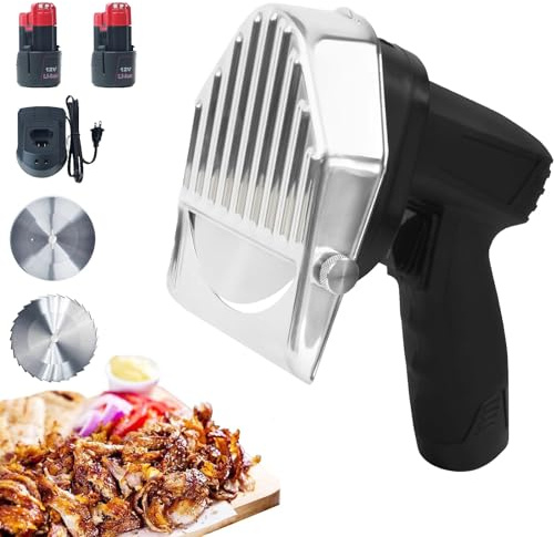 Gyro Cutter Kebab Meat,80W Portable Sliced Shawarma Cutter Doner Kebab Cutting Knife Machine,with 2 Blades, 0-8mm Adjustable Thickness for Restaurant Home Outdoor Batterytype