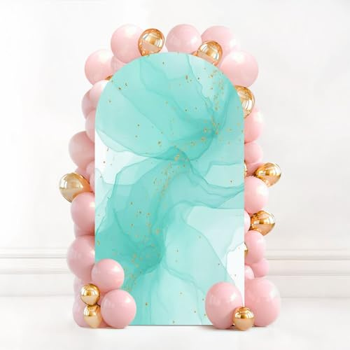 7.2FT Wedding Arch Backdrop Cover Royal cyan mint liquid marble watercolor white lines brush stains Teal Spandex Fitted Fabric Round Top Stretchy Stand Covers for Baby Shower Birthday Party Decoration
