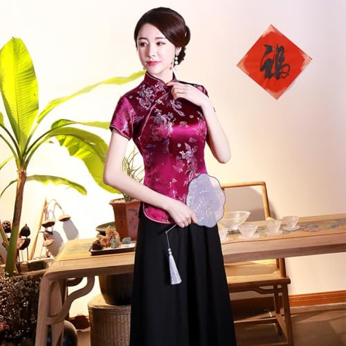 Traditional Tang Style Satin Shirt with Dragon Phoenix Motif for Women Chinese Tops Blouse Pullover Suitable for Spring Summer Casual and Party Wear (XXXXL Wine Red)