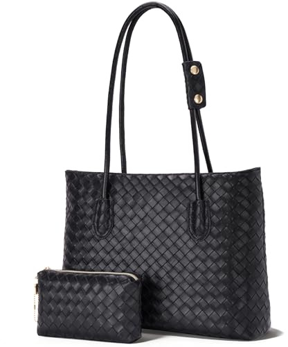 Toptime Handtasche Damen, Gewebte Leder Schwarz Tote Bag Damen mit Reißverschluss, 15.6 Inch Mode Schultertasche mit kleiner Börse und Samtfutter, Elegant Groß Shopper Tasche für Reisen Arbeit Schule