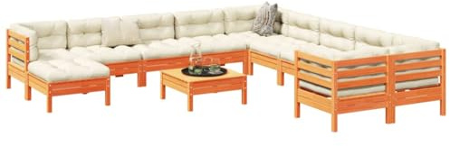 Mandloder Ensemble de 12 meubles de jardin modulaires en bois de pin massif avec coussins pour terrasse, balcon, capacité de charge de 110 kg - Marron cireux