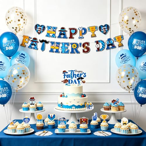 Father's Day Decorations Happy Fathers Day Banner Cake Cupcake Toppers | Best Dad Ever Party Supplies for Men Husband Daddy Indoor Outdoor Home Decor Blue Gold Theme