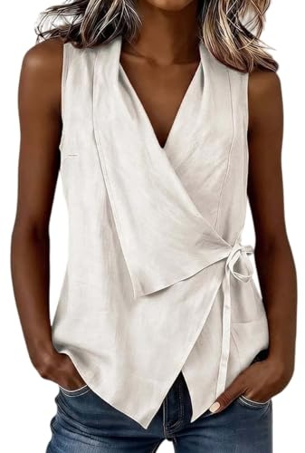 Camisetas Sin Mangas Mujer Verano Chaleco Vestir Cuello en V Camiseta Tirantes Casual Basicas Camisas Blusas Elegantes de Una Pieza con Cordón Ajustable Top Moda Fiesta Oficina Negocio Tank Tops