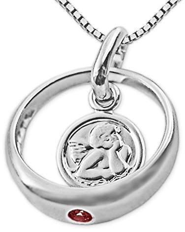 Clever Schmuck Set Silberner Mädchen Taufring Ø 12 mm Engel rund mit Edelstein Rubin rot und Kette Venezia 38 cm STERLING SILBER 925