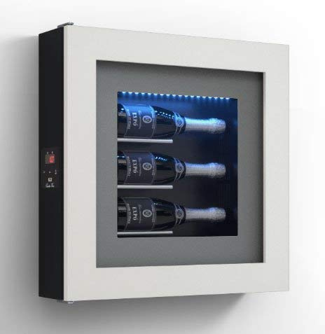 dafnedesign. com – Marco VINO – Expositor separados para tres botellas de horizontal. Estructura de metal. Estructura Puerta de aluminio. Marco de maderaHPL vetrocamera 20 mm. Junta magnético. Panel