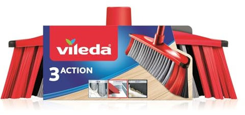 Vileda 3Action Indoor Broom with 3 Different Bristles, Red - Grey, 28 x 14 x 4 Cm