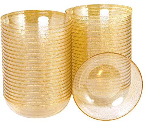 bUCLA 50Pack Gold Glitter Plastic Bowls - 10oz Disposable Crystal Salsa/Dessert Bowls for Wedding & Party