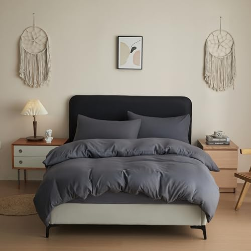 Anti-Allergy Anti-Bacterial Brushed Soft Touch Microfibre Duvet Cover & Pillowcase/s Bedding Bed Linen Set (Charcoal Grey, Double)