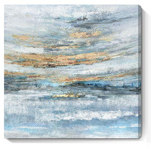 Nicetop Bathroom Wall Art Abstract Canvas Art Print Modern Blue Ocean Picture Small Coastal Sunset & Sunrise Artwork for Sea Lake Themed Home Bedroom Décor 13.3x13.3inch