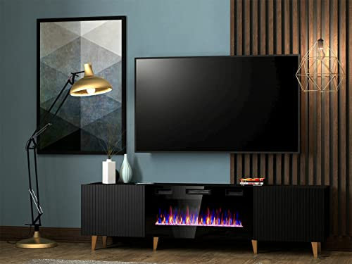 Meuble TV Noir 180x49x40cm avec Cheminée chauffante intégrée Palace sur Pieds