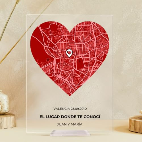 Transparent Gift Placa Personalizada con Textos y Ubicación Mapa del Amor. Regalos Originales para Parejas, Amigos o Familiares. Regalo para San Valentín, Cumpleaños. Placas Personalizadas Metacrilato
