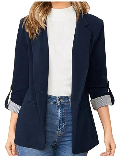 L9WEI Blazer Slim Blazer Mujer Otoño Invierno Blazer Negocios Elegante Solapa Traje Liso Manga Larga Sakkos Trajes de Negocios, Marine, XL