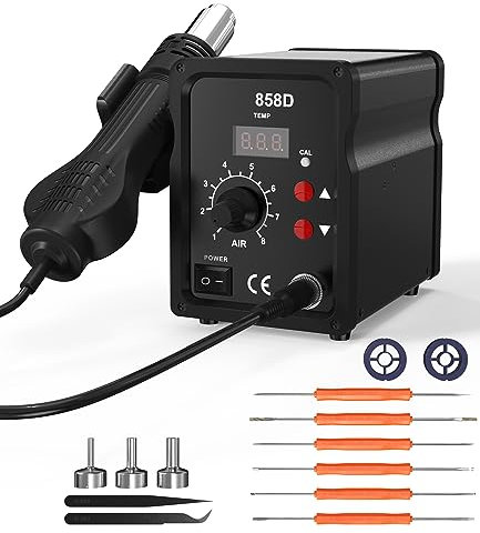 FAOKZE Stazione di saldatura ad aria calda 700W,858D Rework Station con Display LED 100-480°C,Stazione Saldante Aria Calda con 3 punte,2 rotoli di filo di saldatura,2 pinzette e un kit di strumenti.
