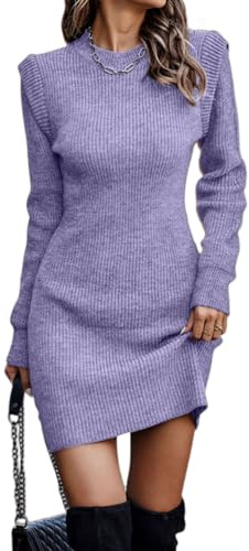 ticticlily Vestido de Punto Mujer Invierno Elegante Vestido Manga Larga y Cuello Redondo Vestido Jersey Lápiz Básico Vestidos Cortos de Fiesta Casual A Púrpura Claro M
