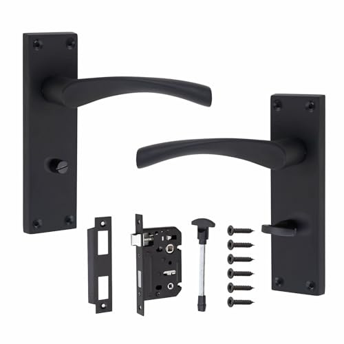 Golden Grace Victorian Astrid Bathroom Door Handles, Matt Black | Includes 64mm mortise lock, keys and fixing screws; corrosion-resistant zinc build with a classic scroll backplate finish.
