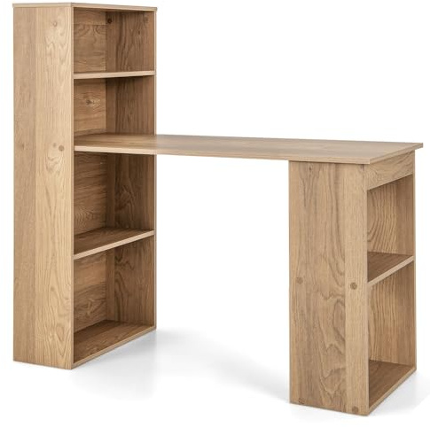 COSTWAY 110cm/122cm Computer Desk, Wooden PC Laptop Table Writing Workstation with 4/6-Tier Storage Bookshelves, Modern Home Office Working Study Desk (Natural, 122 x 52 x 120cm)