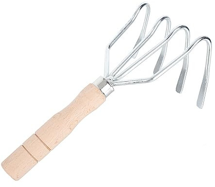 INOOMP Gartenrechen mit Vier Zähnen Handgrubber Werkzeug Zur Bodenbearbeitung Stahl- und Holzkonstruktion