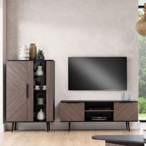 Lomadox Wohnwand Wohnmöbel Set in Graphit mit braun 2-teilig | 1 Highboard, 1 Lowboard