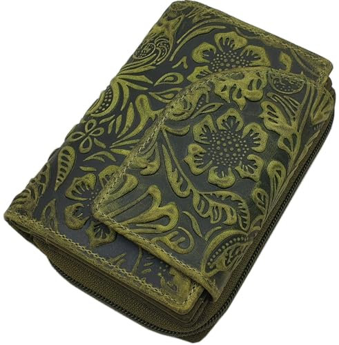 myledershop Büffel-Vollleder Damen Hochformat Geldbörse/Geldbeutel/Portemonnaie mit Außenriegel mit Lianen Prägung und RFID & NFC Schutz (Lemongrün)