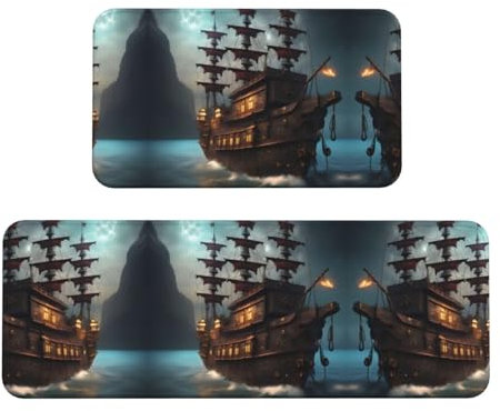 YQxwJL Fantasy-Piratenschiff-Druck, rutschfeste Küchenmatte, 2er-Set, bequeme Stehmatten für Küche, Büro