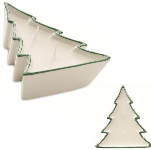 2er Set Weihnachtliche Wachskerze auf pflanzlicher Basis in Porzellanhalter in Form eines Tannenbaums weiss-grün mit 2 Dochten jeweils 60 g Brenndauer 4-5 Stunden.