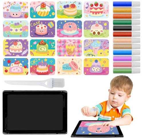 Sandmalerei, Sandkunstsets für Kinder | Farbsand-Kunstbilder-Sets zum Abziehen und Aufkleben | Das Set enthält 1 Tablett, 1 Pinsel, 12 Sandfarben und 16 Bilder zum Abziehen und Streuen für lustige Bas