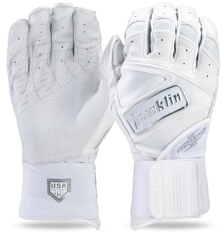 Franklin Sports USA Softball Batting Gloves - Infinite Powerstrap Women's Fastpitch + Softball Gloves - Durable Full Wrap Cage Practice Gloves - Reinforced Wrist - Adult Medium - White/Chrome